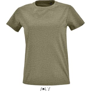A women's round neck T-shirt in olive green with a logo at the bottom.