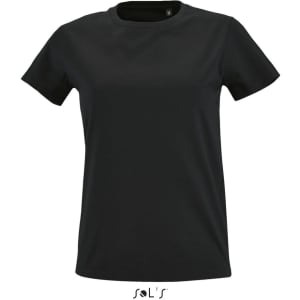 A women's round neck T-shirt in black, featuring a fitted silhouette and short sleeves. Includes a logo.