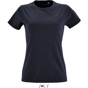 A women's round neck T-shirt in navy blue with a fitted design and a logo at the bottom.