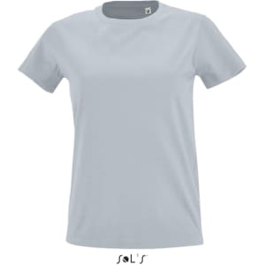 A women's round neck T-shirt in light blue, featuring short sleeves and a branded logo.