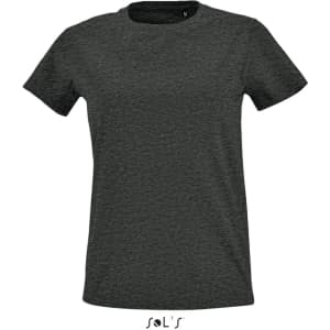 A women's round neck T-shirt in dark grey with short sleeves and a branding logo.
