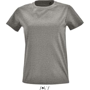 A grey women's round neck T-shirt featuring short sleeves and a brand logo.