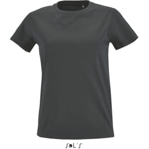 A women's round neck T-shirt in dark grey, featuring a simple design and a logo at the bottom.