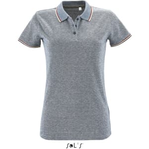 A women's polo shirt in heather grey with a contrasting collar and a logo.