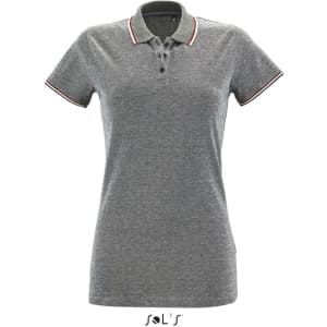 A women's polo shirt in heather grey with a contrasting collar and three-button placket. It features a logo.