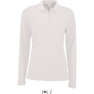 A white women's long sleeve polo shirt made of 100% cotton pique, featuring a collar and a small logo.