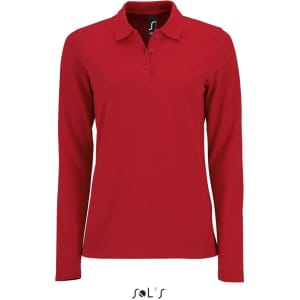 A red long sleeve women's polo shirt made from 100% cotton pique, featuring a branding logo.