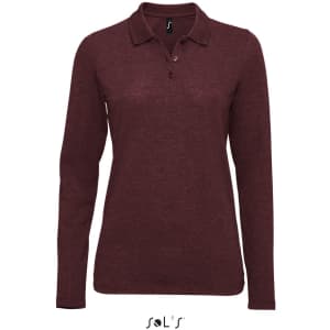 A women's long sleeve polo shirt in burgundy made from 100% cotton pique, featuring a logo.