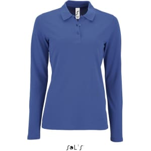 A women's long sleeve polo shirt in royal blue, made from 100% cotton pique, featuring a collar and buttons.