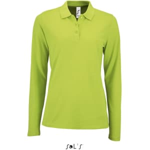 A women's long-sleeve polo shirt in vibrant lime green, made from 100% cotton pique, featuring a collar and buttons.