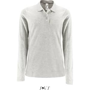 A women's long sleeve polo shirt in light grey, made from 100% cotton pique, featuring a collar and a logo.