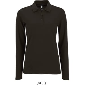 A women's long sleeve polo shirt in black, made from 100% cotton pique, featuring a collar and buttons.