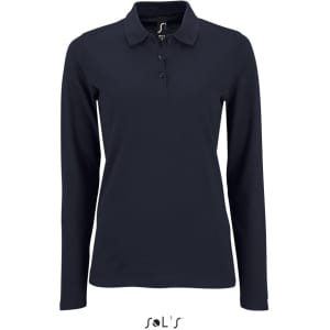 A women's long sleeve polo shirt in navy blue, made from 100% cotton pique, featuring a collar and three buttons.