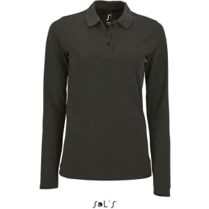 A long sleeve women's polo shirt in dark grey, made from 100% cotton pique, featuring a collar and a logo.