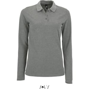 A long-sleeved women's polo shirt in grey, made of 100% cotton pique, featuring a collar and a logo.