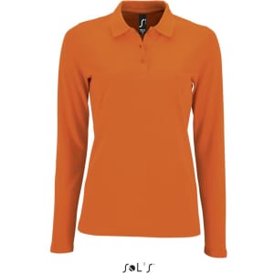 An orange women's long sleeve polo shirt made from 100% cotton pique, featuring a collar and a logo.