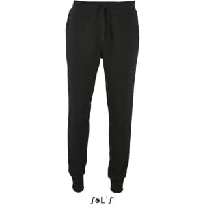 Black slim fit track suit pants with a drawstring waistband and cuffed ankles, featuring a logo.