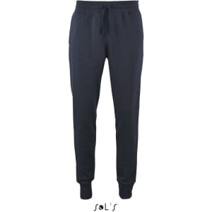 Men's slim fit track suit pants in navy blue, featuring an elastic waistband and a logo.