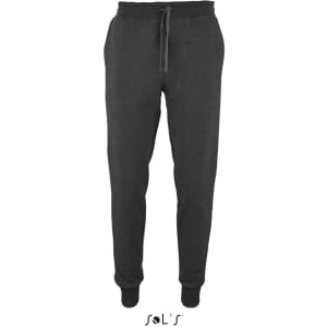 Men's slim fit track suit pants in dark grey with a drawstring and elastic cuffs. Features a logo at the bottom.