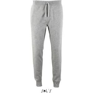 Slim fit men's track suit pants in light grey, featuring an elastic waistband with drawstring and cuffs. Includes a logo.