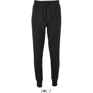 Black slim fit track suit pants for women with a drawstring waist and fitted cuffs. Features a logo at the bottom.