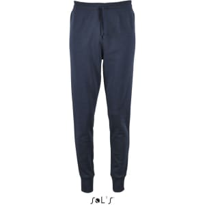 Slim fit women's track suit pants in navy blue with an elastic waistband and cuffs, featuring a logo.
