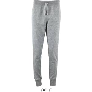 Slim fit women's track suit pants in grey, featuring an elastic waistband with a drawstring and cuffed hems.