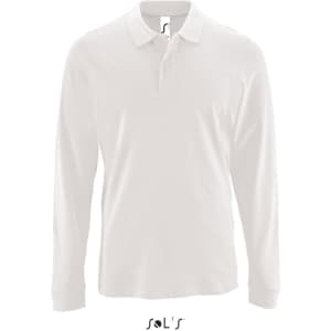 A long-sleeve men's polo shirt in white, made of 100% cotton pique, featuring a collar and a branded label.
