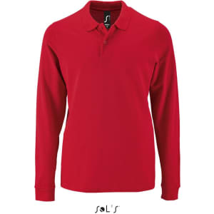 A red long sleeve polo shirt made of 100% cotton pique, featuring a collar and a logo.