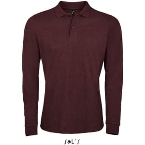 A long sleeve men's polo shirt in a burgundy shade with a collar and a logo on the chest.