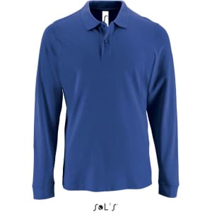 A men's long sleeve polo shirt in blue, made from 100% cotton pique, featuring a logo on the neck area.