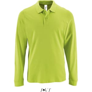A long-sleeve men's polo shirt in bright lime green, made from 100% cotton pique, featuring a collar and a logo.