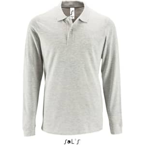 A long-sleeve men's polo shirt in grey, made from 100% cotton pique, featuring a logo.