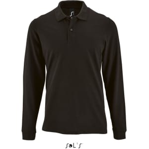 A black long sleeve polo shirt made of 100% cotton pique, featuring a collar and three buttons. It has a logo.