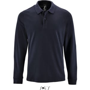 A navy long sleeve polo shirt made of 100% cotton pique, featuring a collar and branding on the neckline.