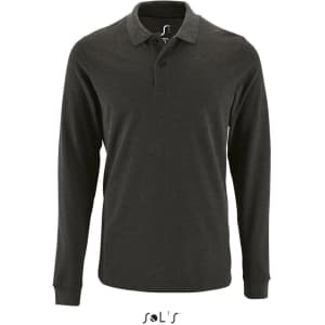A men's long sleeve polo shirt in dark grey, made from 100% cotton pique, featuring a logo.