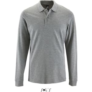 A long-sleeve men's polo shirt in grey, made from 100% cotton pique, featuring a collar and a logo.