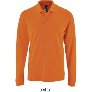 An orange long-sleeve polo shirt made from 100% cotton pique, featuring a logo on the chest.