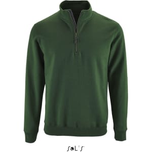 A green windcheater with a 1/4 zip for men, featuring long sleeves and a collar. It has a logo.