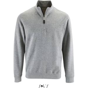 A grey windcheater featuring a 1/4 zip design, made from cotton and polyester, with a logo on the front.