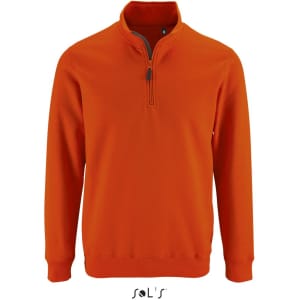 An orange windcheater with a 1/4 zip, featuring long sleeves and a logo. Made from 505 cotton and 505 polyester.