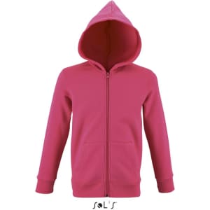 A zip-up hoodie for kids in a vibrant pink shade, featuring a hood and front pockets, with a logo.