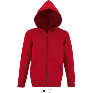 A red hoodie for kids, made of 50% cotton and 50% polyester, featuring a zip front and a hood. It has a logo.