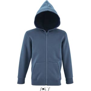 A blue hoodie featuring a front zipper, hood, and pockets. It has a logo at the bottom.