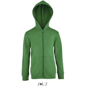 A green hoodie for kids, featuring a zip front, hood, and kangaroo pockets. The garment has a logo at the bottom.
