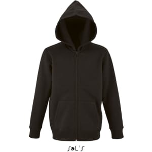 A black zip-up hoodie with a hood and front pockets, made of 50% cotton and 50% polyester. It features a logo.