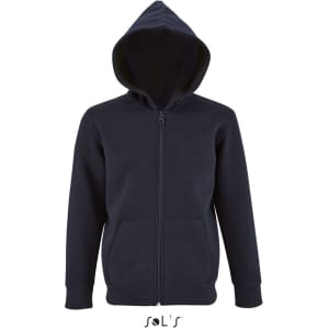 A navy hoodie for kids made of 50% cotton and 50% polyester, featuring a zip and a hood. It has a logo.