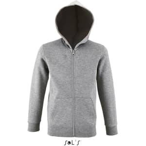 A grey hoodie with a zip and a hood, made of 50% cotton and 50% polyester. It features a branding logo.