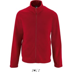 A red fleece top with a high collar and two zip pockets on the front, featuring a logo.