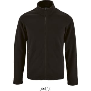 A black fleece top with a high collar and two zip pockets, featuring a logo on the front.